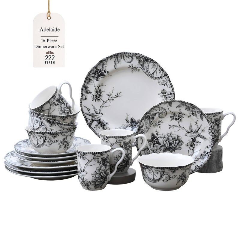 222 Fifth Adelaide 16-Piece Black Porcelain Dinnerware Set â€“ Service for 4, Featuring Hand-Applied Romantic Woodland Bird Design, for Everyday Dining & Entertainment, Microwave & Dishwasher Safe - Image 1